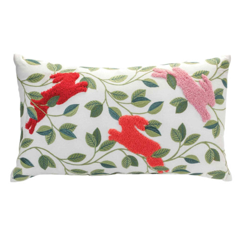 Embroidered Rabbit with Leaf Throw Pillow - 12" - Green and Red - IMAGE 1