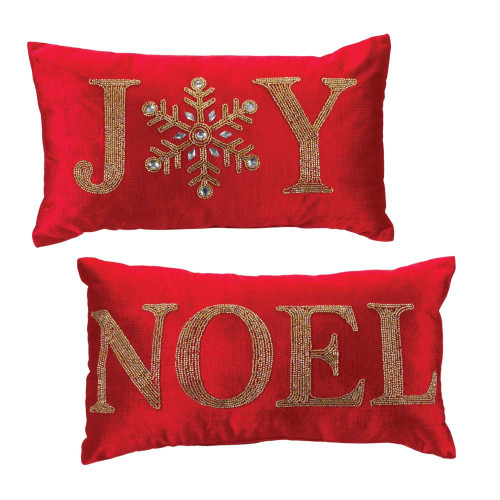 Set of 2 Red Beaded "Joy" and  "Noel" Christmas Throw Pillows 19" - IMAGE 1