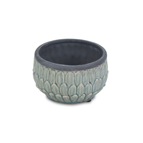 6.5" Blue Round Pot with Overlapping Leaf Embossed Outdoor Planter Pot - IMAGE 1