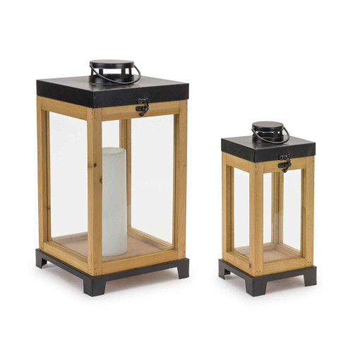 Wooden Box Candle Lanterns with Stand - 17" - Set of 2 - IMAGE 1