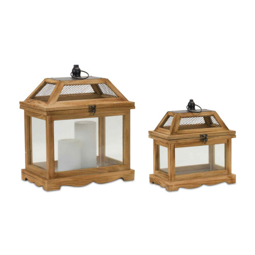 Rectangular Wooden Candle Lanterns with Mesh Lid - 15" - Brown - Set of 2 - IMAGE 1