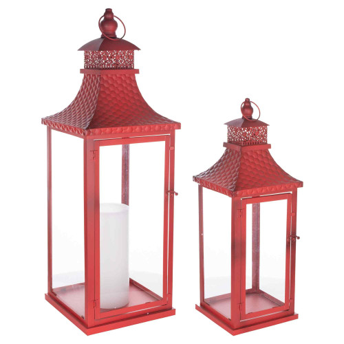 Candle Lanterns with Hammered Lid - 27.5" - Red - Set of 2 - IMAGE 1