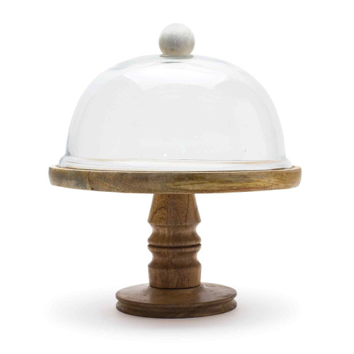 Wooden Pedestal Cake Stand with Cloche - 12" - IMAGE 1