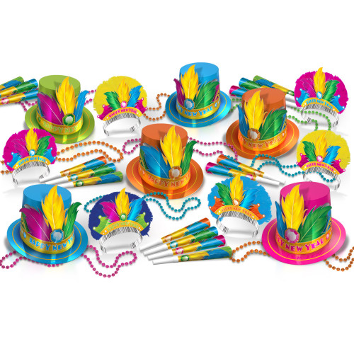 Set of 50 Blue, Pink, and Yellow Assorted Colorful Printed Rio Horns, Hats, and Tiaras, 21.25" - IMAGE 1
