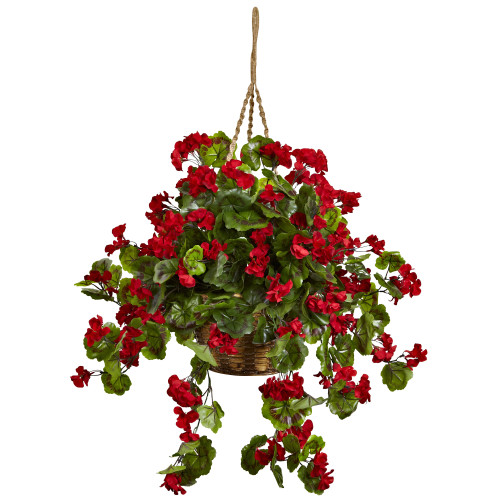 28" Artificial Geranium in Hanging Basket - IMAGE 1