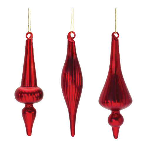 Shiny Finish Ribbed Glass Christmas Finial Drop Ornaments - 6" (160mm) - Red - 12ct - IMAGE 1