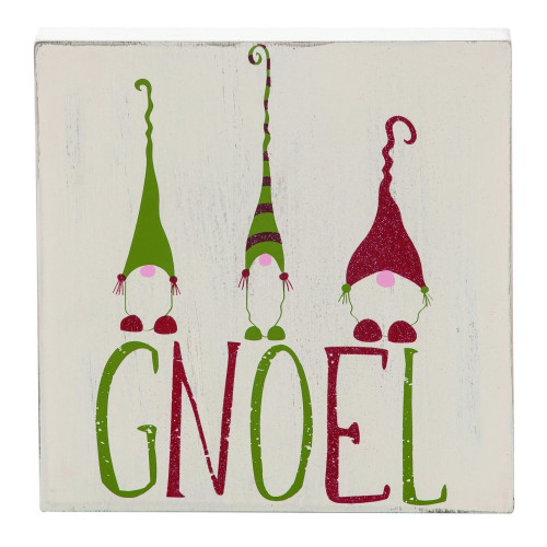 8" White and Green 'Gnoel' Gnomes Word Block Square Christmas Decorative Plaque - IMAGE 1