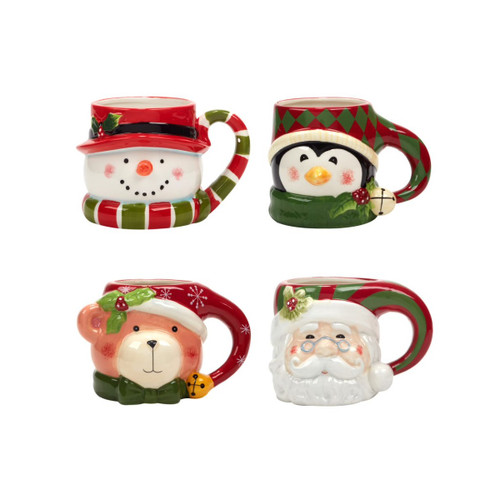 Set of 4 Santa, Snowman, Teddy Bear, and Penguin Ceramic Christmas Mugs 5.5" - IMAGE 1