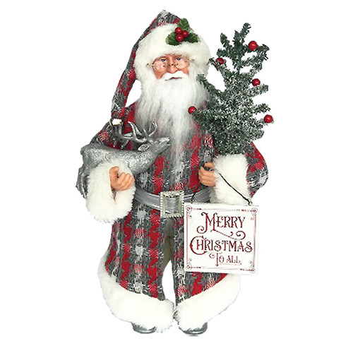 16" Standing Plaid Santa "Merry Christmas To All" Figure with Reindeer and Tree - IMAGE 1