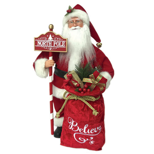 16" Traditional Santa Claus with "North Pole" Sign Standing Christmas Figurine - IMAGE 1
