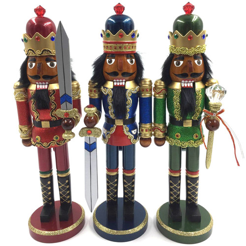 Set of 3 African American Bejeweled King Christmas Nutcrackers 15" - IMAGE 1