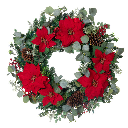 Pre-Lit Red Poinsettia Artificial Christmas Wreath, 30-Inch, LED Mini Lights - IMAGE 1