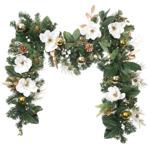 9' x 10" Pre-Lit White Magnolia Artificial Christmas Garland, Clear LED Lights - IMAGE 1