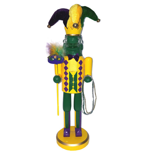 14" Green and Yellow Mardi Gras Gator Christmas Nutcracker Holds mask and beads - IMAGE 1