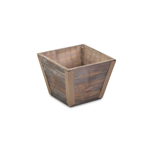 6" Brown Wooden Square Planter with Metal Band - IMAGE 1