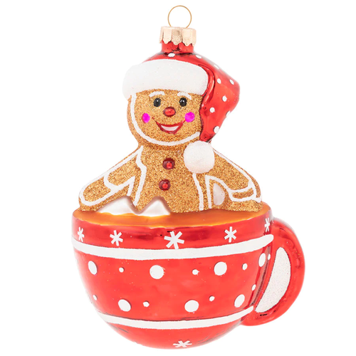 5" Gingerbread Man in Hot Chocolate Glass Christmas Ornament - IMAGE 1