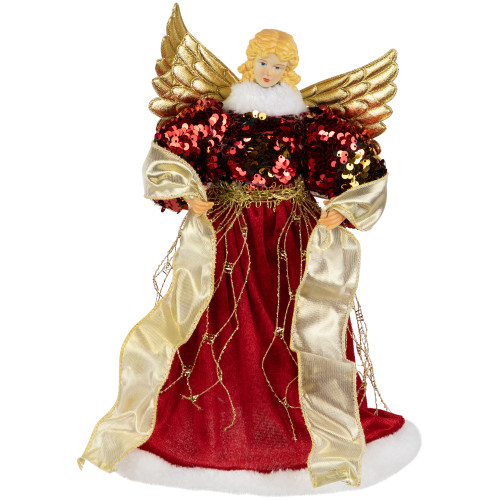 Metallic and Sequin Angel Christmas Tree Topper - 12" - Red and Gold - Unlit - IMAGE 1