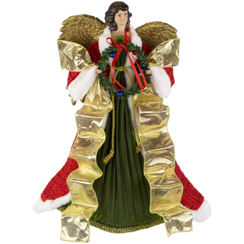 18" Red and Green Angel with Wreath Christmas Tree Topper, Unlit - IMAGE 1