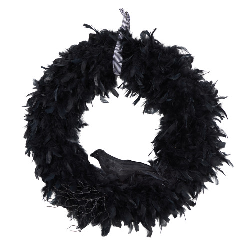 Black Feather with Decorative Raven Halloween Wreath, 30-Inch, Unlit - IMAGE 1
