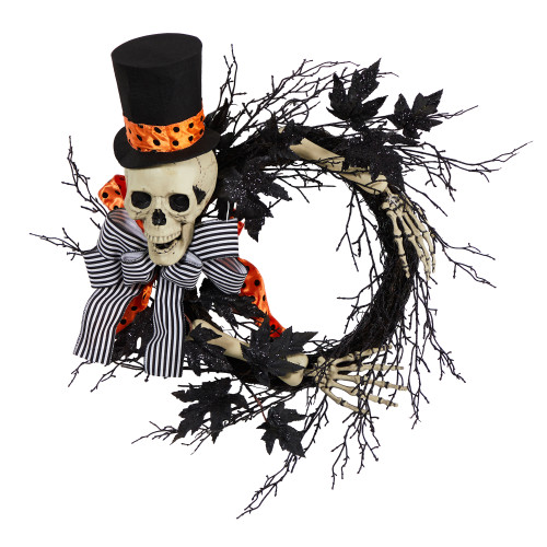 Dapper Skeleton with Ribbon Artificial Halloween Wreath, 26-Inch, Unlit - IMAGE 1