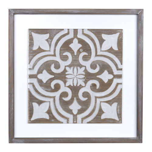 17" Brown and White Farmhouse Geometric Carved Inlay Tile Wood Wall Design - IMAGE 1