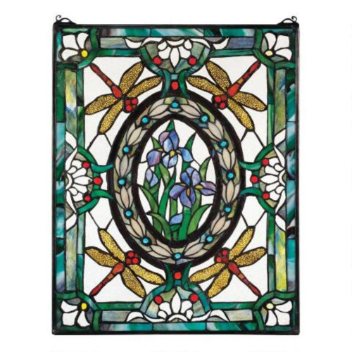 Dragonfly Floral Stained Glass Window Panel - 25" - Multi-Color - IMAGE 1