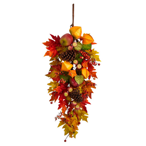 35” Maple Leaf and Berries Artificial Fall Harvest Teardrop Swag, Unlit - IMAGE 1