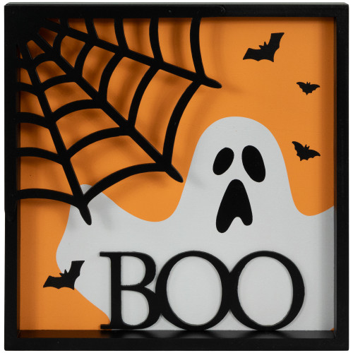 Ghost and Spider Web "Boo" Halloween Wall Sign - 9.75" - IMAGE 1