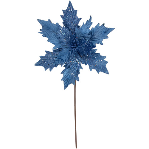 24" Glittered Blue Poinsettia Christmas Stem Spray - IMAGE 1