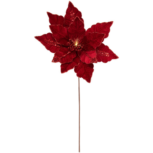 20" Lighted Red Velvet Poinsettia Christmas Stem Spray - IMAGE 1