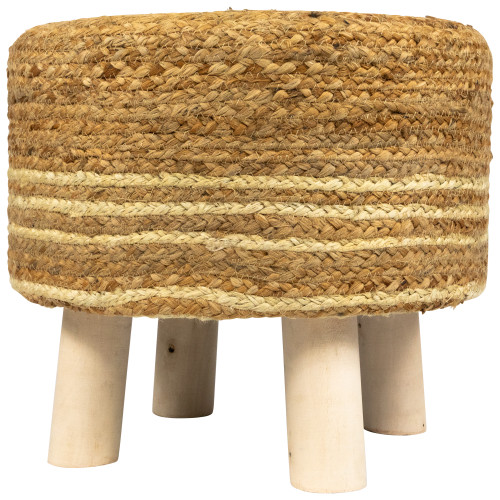 15" Beige Braided Jute and Wood Handmade Three Legged Foot Stool - IMAGE 1