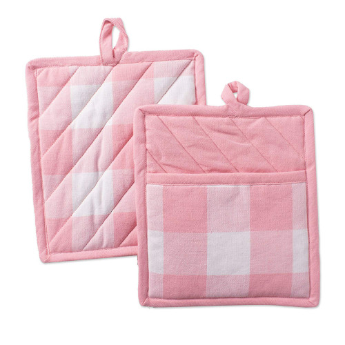 Textured Buffalo Check Cotton Kitchen Potholders - 9" - Pink and White - Set of 2 - IMAGE 1