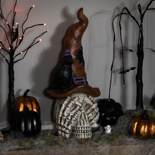 Skull in Witches Hat with Crow Halloween Decoration - 22.75" - IMAGE 1