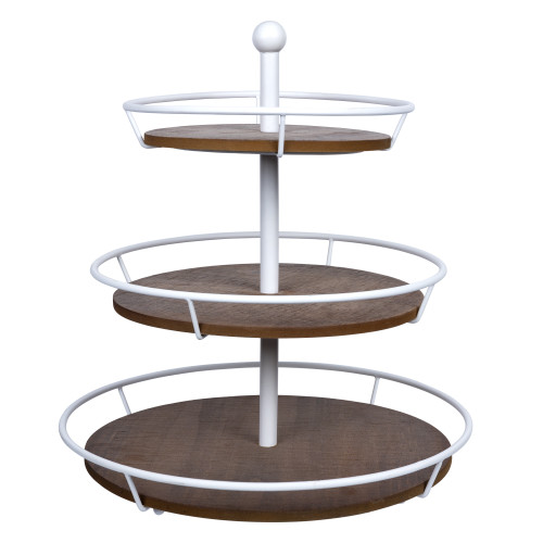 16.25" White 3 Tiered Round Metal and Wood Decorative Tray Stand - IMAGE 1