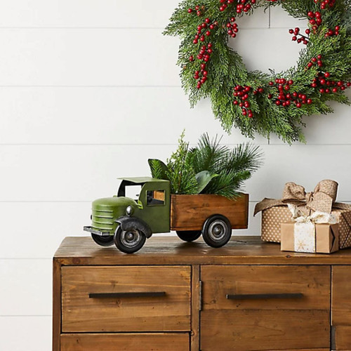 Vintage-Style Metal Pick Up Truck with Wood Bed - 18" - Green and Brown - IMAGE 1