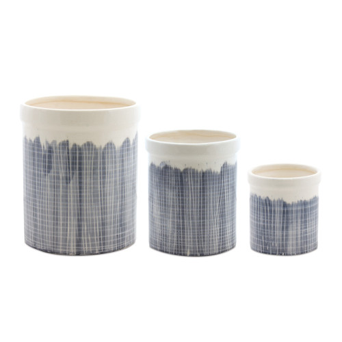 Plaid Crock Jar - 9.25" - Blue and White - Set of 3 - IMAGE 1