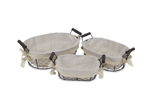 Set of 3 Black and Beige Oval Lined Wire Baskets with Side Handles 14" - IMAGE 1