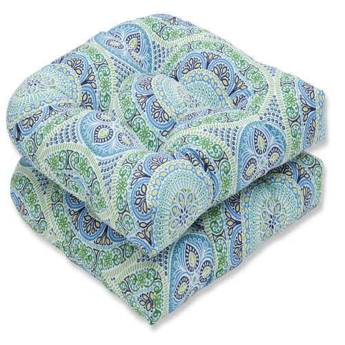 Geometric Tufted Outdoor Patio Wicker Seat Cushions - 19” - Blue and Green - Set of 2 - IMAGE 1