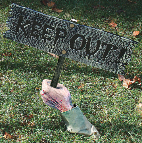 Zombie Arm Holding a "Keep Out!" Sign Outdoor Halloween Yard Decoration - 19" - IMAGE 1