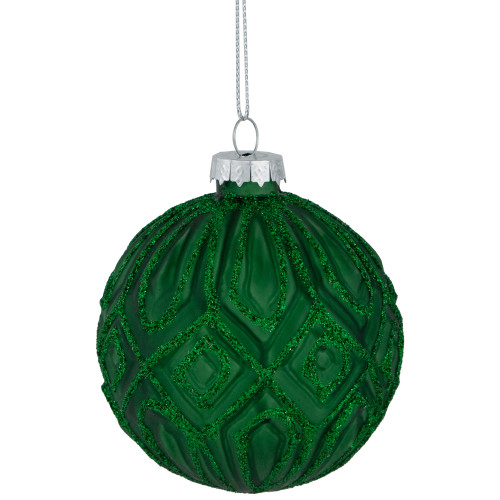 Glitter Lined Diamonds Glass Christmas Ball Ornament - 3" (80mm) - Green - 4ct - IMAGE 1
