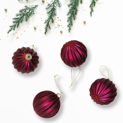 Ribbed Glittered Glass Ball Christmas Ornaments - 3" (75mm) - Maroon - 4ct - IMAGE 1