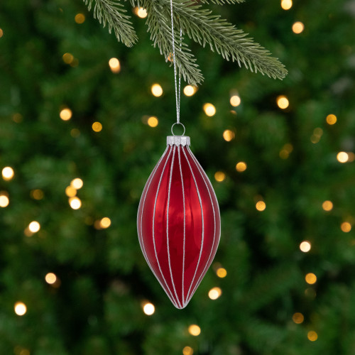 5" Shiny Red and White Glittered Striped Glass Finial Christmas Ornament - IMAGE 1