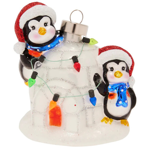 3.75" Igloo Penguin Pals Glass Christmas Ornament - IMAGE 1