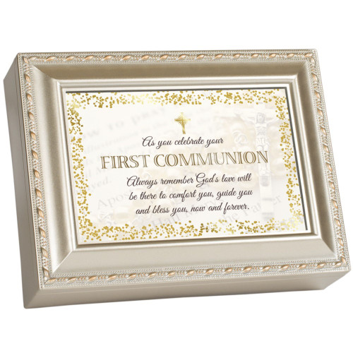 6" Ivory First Communion Rectangular Petite Music Box - IMAGE 1