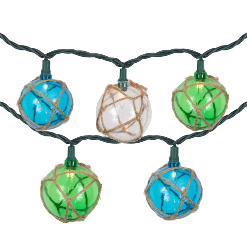 Natural Jute Wrapped Ball Patio Light Set - Blue and Green - 6' Green Wire - 10ct - IMAGE 1