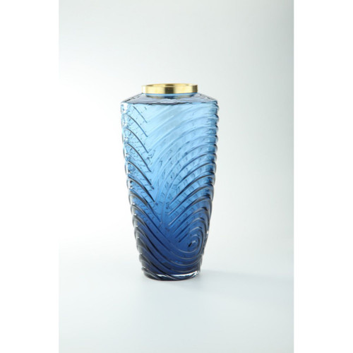 Hand-Blown Glass Urn Vase - 14" - Navy Blue and Gold - IMAGE 1