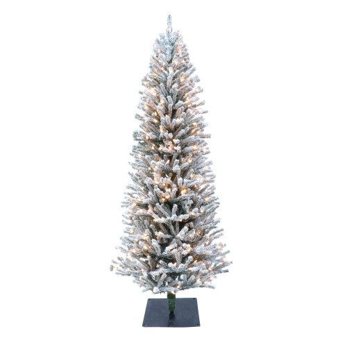 Pre-lit Slim Flocked Fir Pines Cone Artificial Christmas Tree - 6’ - Clear Light - IMAGE 1