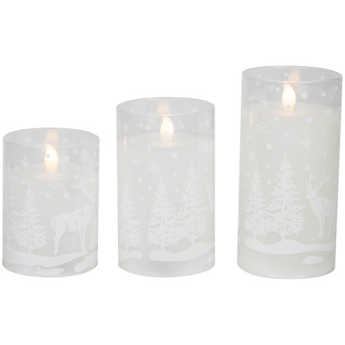 Set of 3 Snowy Woodland Flameless LED Flickering Glass Christmas Pillar Candles 6" - IMAGE 1