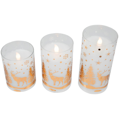 LED Flameless Flickering Woodland Glass Pillar Christmas Candles - 6" - Set of 3 - IMAGE 1