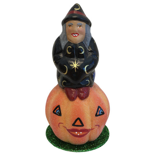 5.75" Vibrant Unique Witch on Pumpkin Schaller Paper Mache Candy Container - IMAGE 1
